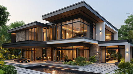 Fototapeta premium two story house, modern architecture with glass windows, in the style of traditional vietnamese, , facade with stone tiles, wood paneling, large glass windows and doors , white painted surfaces,