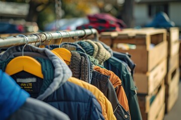 Obraz premium Winter Clothes on Hangers at a Flea Market