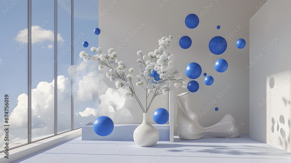 Poster ethereal bubble display in minimalist window setting with floral arrangement