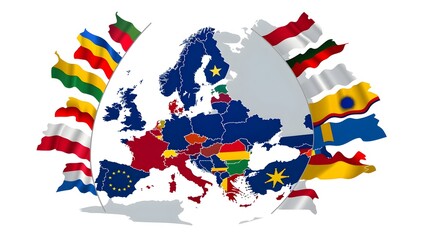 Obraz premium Detailed Map of European Continent with Country Flags and Borders