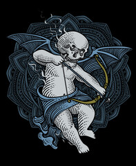 Illustration devil cupid holding bow and arrow on mandala background, hand drawn - Vector Eps 10