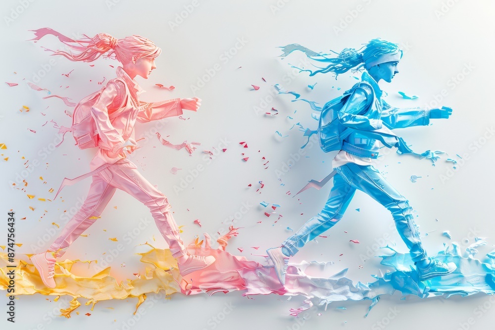 Poster two dynamic figures running in a splash of color, representing motion and energy in an artistic, dig