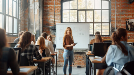 A woman leading a meeting in an office with brick walls and large windows, teaching, concept of leadership and education. Generative AI