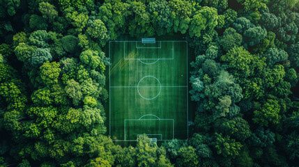 Aerial view of a soccer field surrounded by dense forest, showcasing a unique blend of nature and sports infrastructure.