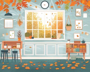 Fallinspired classroom, seasonal decorations, flat design illustration