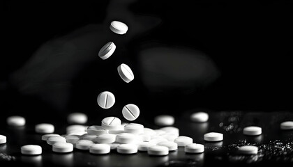 Close-up shot of cascading white capsules on a black table.
Dramatic image of white pills spilling on a black surface black background 