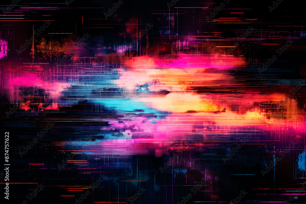 Wall mural a vibrant abstract digital artwork with streaks of pink and blue, set against a dark, glitchy backgr