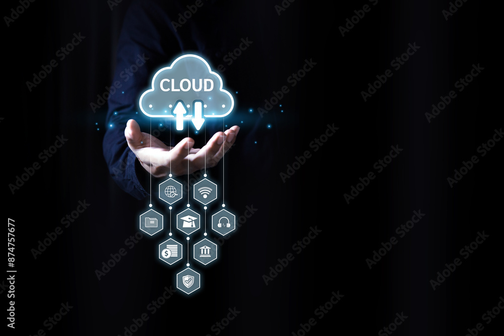 Poster database storage cloud technology file data transfer sharing, cyber, big data information for financ
