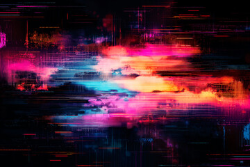 A vibrant abstract digital artwork with streaks of pink and blue, set against a dark, glitchy background, illustrating a cyberpunk concept. Generative AI