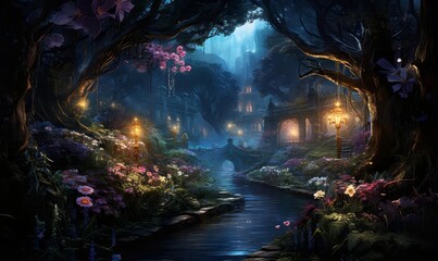 Obraz premium A moonlit garden with flowers that open only at night, casting a magical glow