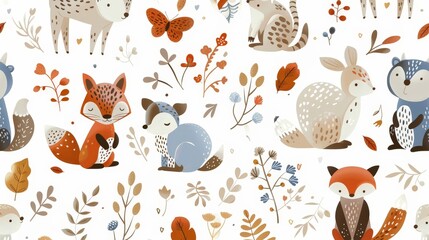 A whimsical pattern featuring playful animals and nature elements, suitable for clothing and nursery decorations.