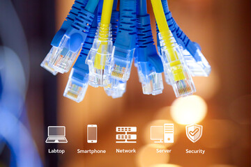 Lots of RJ45 UTP Cat6 LAN internet network cable fiber optic and Ethernet cables with computer data...