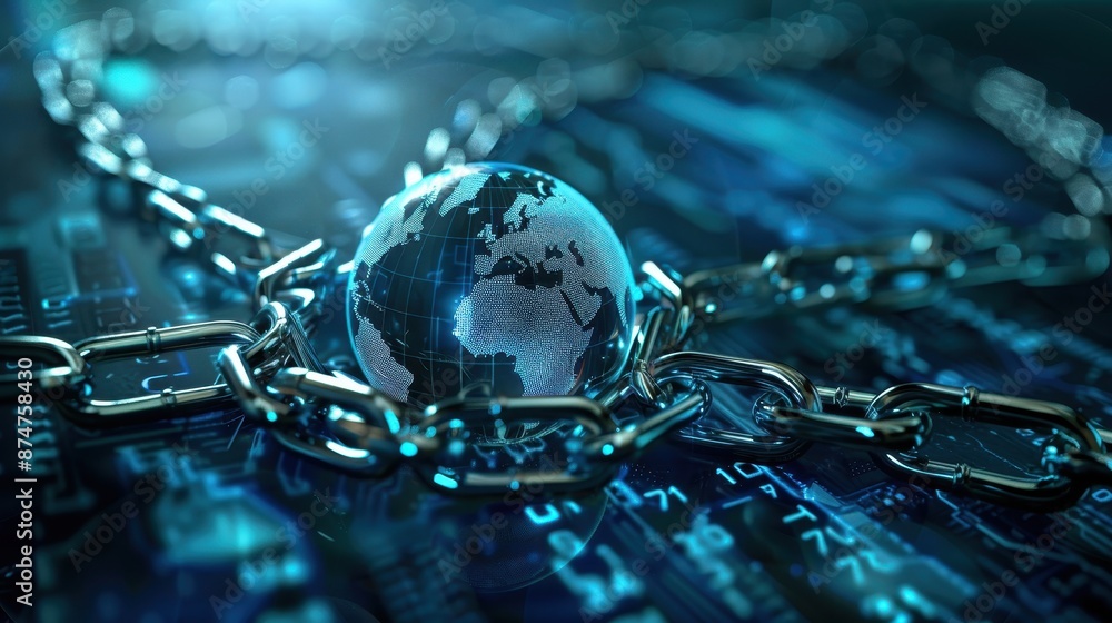 Poster secure digital world - cybersecurity concept with lock and chain around globe