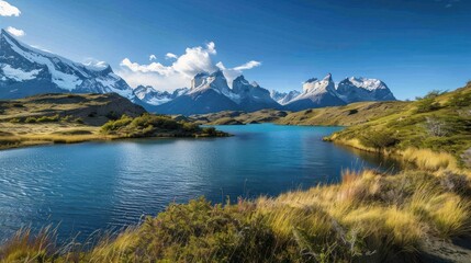 Fototapeta premium Scenic landscape of Torres del Paine National Park in Chile. Majestic mountains, turquoise lake, and breathtaking scenery. Concept of adventure, nature, travel, and tourism.