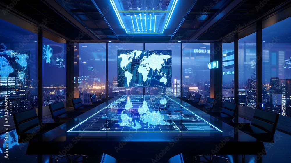 Poster futuristic digital boardroom with world map and data analytics displays