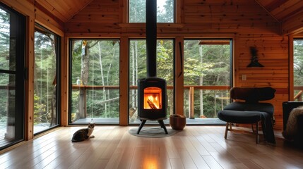 Cozy Cabin Interior with Cat by Warm Fireplace
