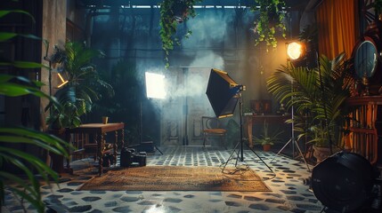 Empty photo studio set with professional lighting, tropical plants, and vintage furniture. Concept of photography, filmmaking, content creation, and creative space.