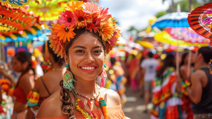 Fototapeta premium Joyful woman adorned with flowers and colorful attire smiling during a vibrant festival celebration.