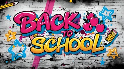 Text Let's go Back to school concept. School and office supplies on background Back to school concept. white brick wall the inscription in multi-colored paints.