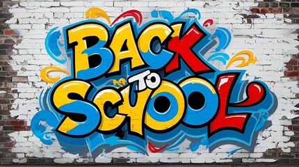 Text Let's go Back to school concept. School and office supplies on background Back to school concept. white brick wall the inscription in multi-colored paints.