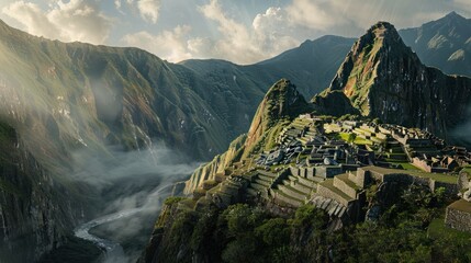 Sunrise over Majestic Machu Picchu. Ancient Inca City Ruins in the Peruvian Andes