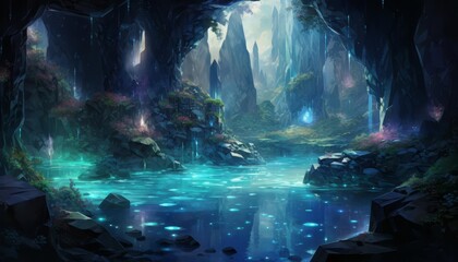 A mysterious cave filled with sparkling crystals and a hidden, luminescent lake