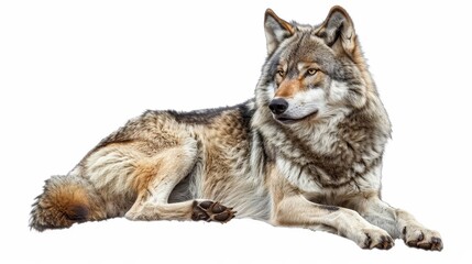 Obraz premium A wolf is laying down on a white background