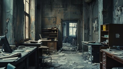 Abandoned Office Building: Haunting Desks, Creepy Hallways, Ghostly Presence