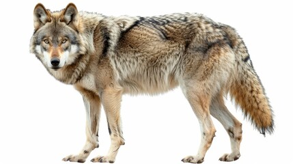 A large grey wolf standing on a white background