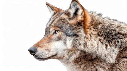 Fototapeta premium A wolf with a brown and gray coat and a white background