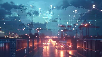 Digital visualization of interconnected global supply chains with sustainability indicators, highlighting global economic and environmental impacts. 