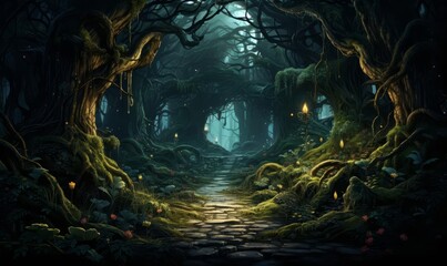 A mystical forest with trees that move and paths that change, hiding secrets and adventures
