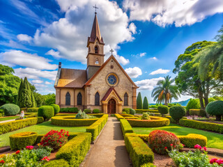Beautiful Catholic church with stunning architecture and vibrant gardens situated in a rural setting amidst lush greenery on a sunny summer day.