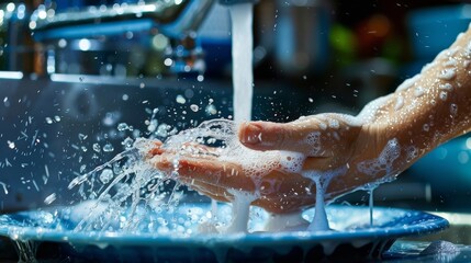 Fototapeta premium A hand is washing itself in a blue bowl
