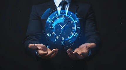 Businessman displaying holographic icons of clock and dollar, highlighting efficient time use