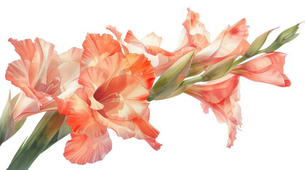 Illustration of peach Gladiolus flowers and buds on a white background.