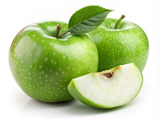 Fresh green apple with crisp slice and leaf isolated on white background, showcasing vibrant color, texture, and natural beauty of the healthy fruit.