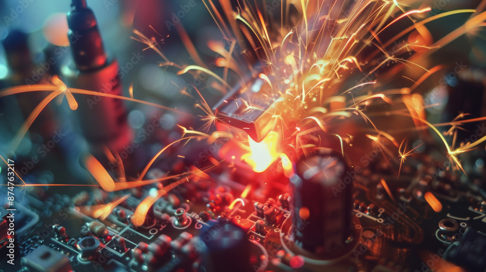 Poster dynamic close-up of sparks flying from a circuit board, highlighting electronic components and inten