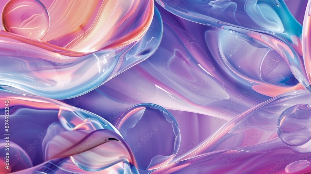 Poster an abstract mural with overlapping bubble shapes in shades of purple pink and blue creating a mesmer