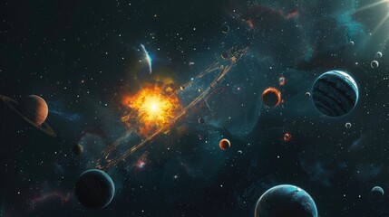 Obraz premium Solar system concept. Many planets circle the sun in open space. Science astronomy. Galaxy background. Universe.