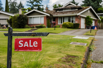  house with a sign that says "Sale" on it. The house is surrounded by a lush green lawn and has a red roof