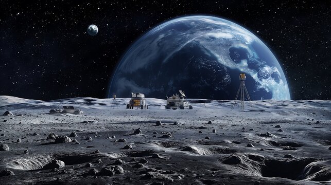 Lunar Exploration Scene with Moon Base Lunar Rovers Communication Antennas and Habitat Modules on Gray and Cratered Terrain with Earthrise in the Background