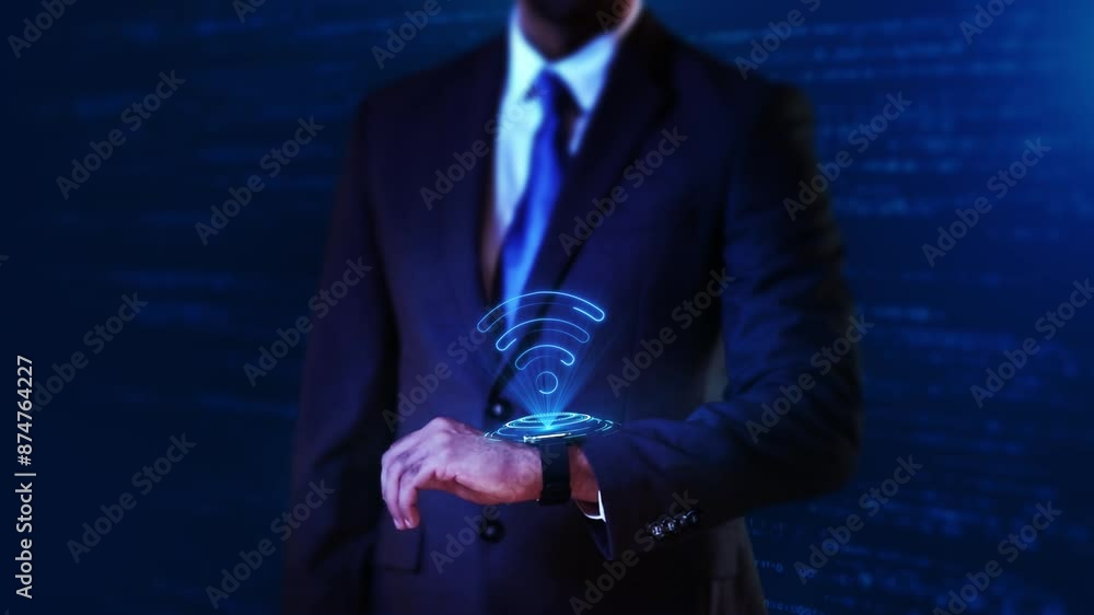 Poster businessman display hud hologram wifi mobile communication wireless network technology hologram cybe