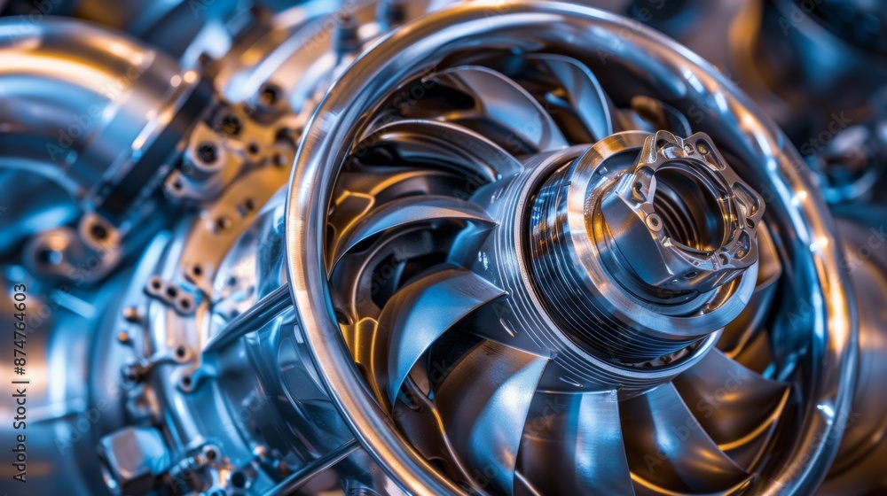 Poster an upclose view of the intricate inner workings of a turbocharger displaying the rotating shaft bear