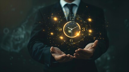 Businessman with virtual icons of time and money, promoting the concept of work efficiency and planning