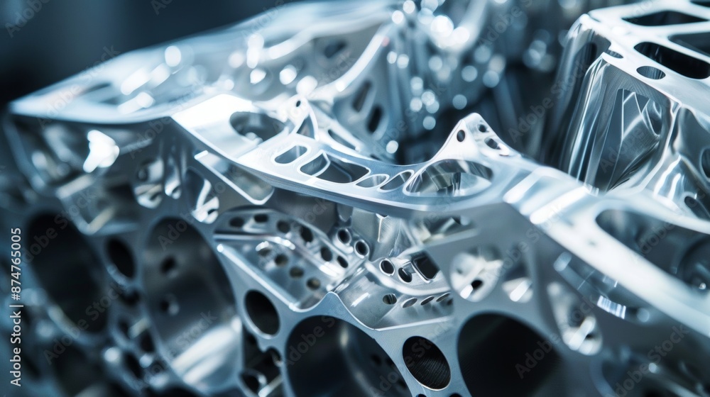 Poster a detailed shot of an engine block with a unique triangular shape made from lightweight yet durable 