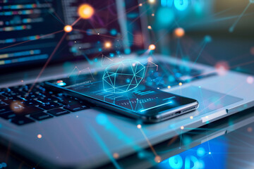 cell phone is displayed on a laptop computer, with a blue and white background. Concept of technology and connectivity, as the phone and laptop are both devices that allow people to communicate