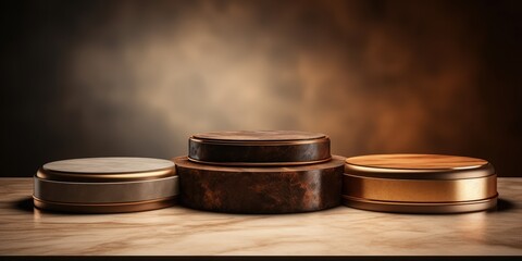 Elegant Wooden Product Display Stand with Golden Accents
