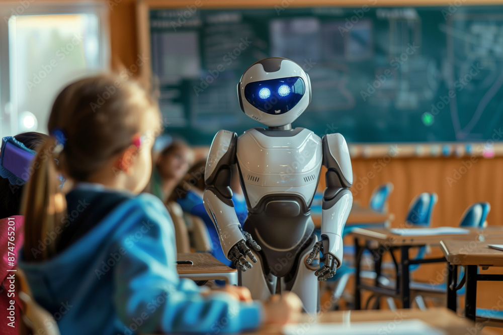 Aufkleber robot is standing in front of a group of children in a classroom. the robot is white and has blue ey