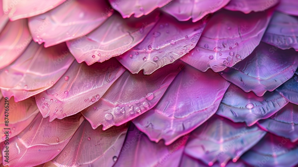 Poster a macro shot of overlapping fish scales in shades of pink and purple adding a touch of femininity to